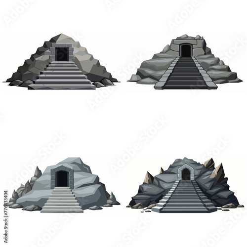 Dungeon entrance stairway set. Cave stone staircase. Gray rock cavern. Ancient dungeon, grotto Mountain tunnel entrance stairs Entry to cave underground Game location symbol. Vector object collection.