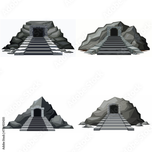 Dungeon entrance stairway set. Cave stone staircase. Gray rock cavern. Ancient dungeon, grotto Mountain tunnel entrance stairs Entry to cave underground Game location symbol. Vector object collection.