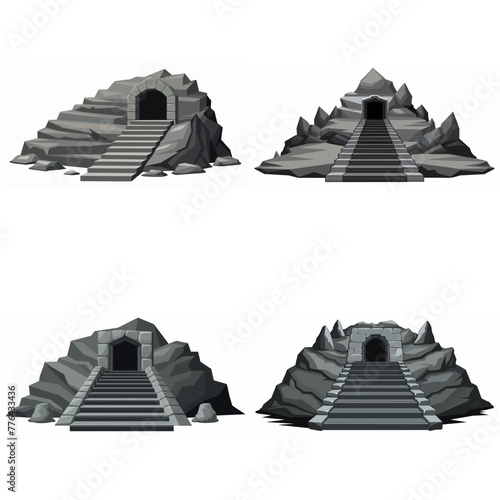 Dungeon entrance stairway set. Cave stone staircase. Gray rock cavern. Ancient dungeon, grotto Mountain tunnel entrance stairs Entry to cave underground Game location symbol. Vector object collection.