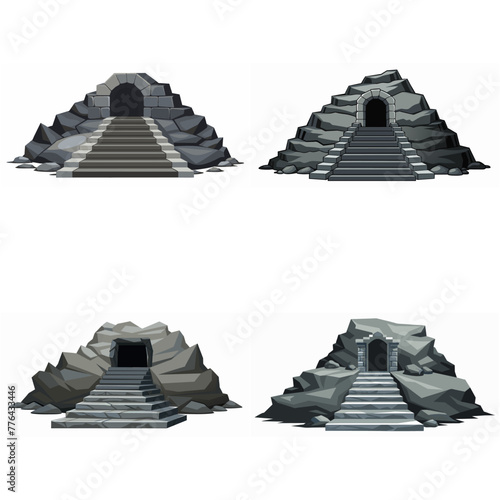 Dungeon entrance stairway set. Cave stone staircase. Gray rock cavern. Ancient dungeon, grotto Mountain tunnel entrance stairs Entry to cave underground Game location symbol. Vector object collection.