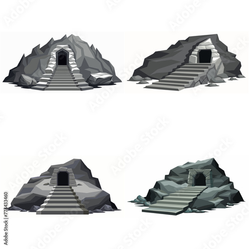 Dungeon entrance stairway set. Cave stone staircase. Gray rock cavern. Ancient dungeon, grotto Mountain tunnel entrance stairs Entry to cave underground Game location symbol. Vector object collection.