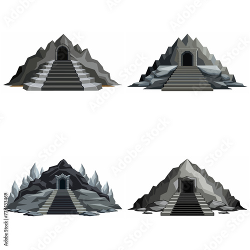 Dungeon entrance stairway set. Cave stone staircase. Gray rock cavern. Ancient dungeon, grotto Mountain tunnel entrance stairs Entry to cave underground Game location symbol. Vector object collection.