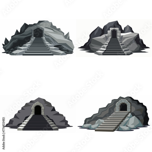 Dungeon entrance stairway set. Cave stone staircase. Gray rock cavern. Ancient dungeon, grotto Mountain tunnel entrance stairs Entry to cave underground Game location symbol. Vector object collection.