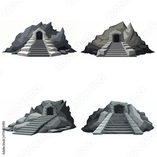 Dungeon entrance stairway set. Cave stone staircase. Gray rock cavern. Ancient dungeon, grotto Mountain tunnel entrance stairs Entry to cave underground Game location symbol. Vector object collection.