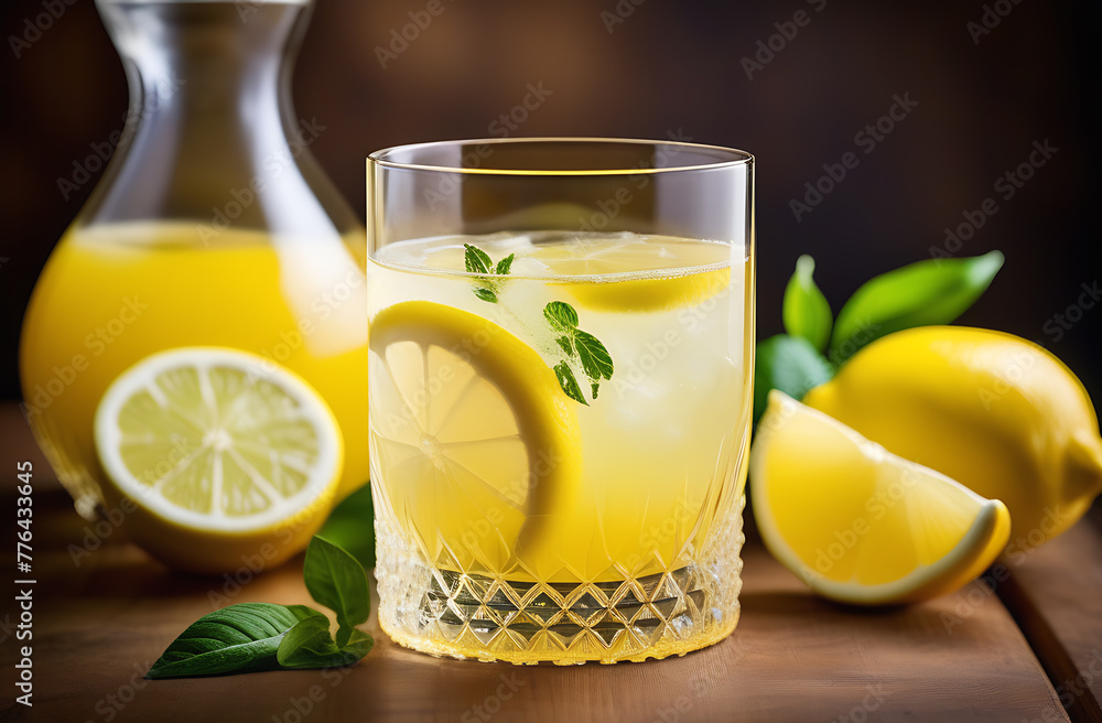 Lemonade with fresh lemon and rosemary on a wooden table Lemonade with fresh lemon and rosemary on a wooden table