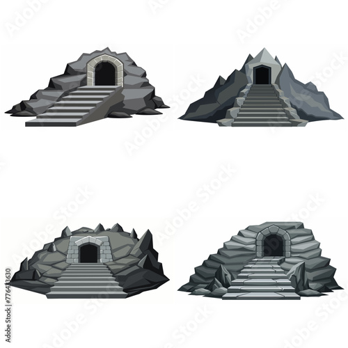 Dungeon entrance stairway set. Cave stone staircase. Gray rock cavern. Ancient dungeon, grotto Mountain tunnel entrance stairs Entry to cave underground Game location symbol. Vector object collection.