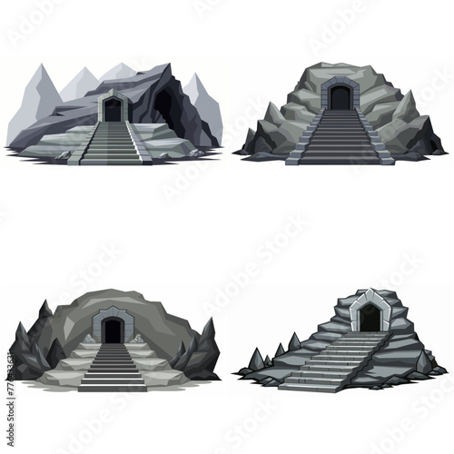 Dungeon entrance stairway set. Cave stone staircase. Gray rock cavern. Ancient dungeon, grotto Mountain tunnel entrance stairs Entry to cave underground Game location symbol. Vector object collection.