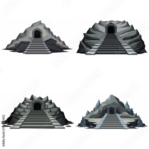 Dungeon entrance stairway set. Cave stone staircase. Gray rock cavern. Ancient dungeon, grotto Mountain tunnel entrance stairs Entry to cave underground Game location symbol. Vector object collection.