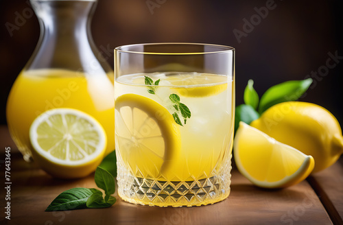 Lemonade with fresh lemon and rosemary on a wooden table