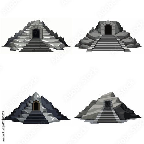 Dungeon entrance stairway set. Cave stone staircase. Gray rock cavern. Ancient dungeon, grotto Mountain tunnel entrance stairs Entry to cave underground Game location symbol. Vector object collection.