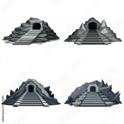 Dungeon entrance stairway set. Cave stone staircase. Gray rock cavern. Ancient dungeon, grotto Mountain tunnel entrance stairs Entry to cave underground Game location symbol. Vector object collection.