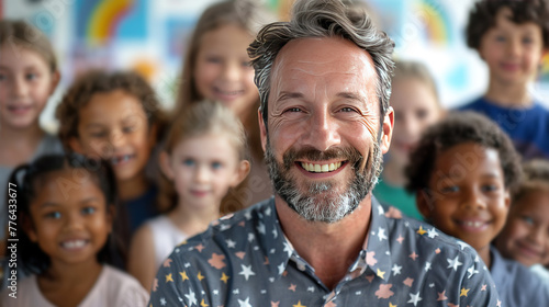 middle aged european man in a classroom with his students or preschoolers looking at the camera and smiling. teacher or educator at your favorite job. modern kindergarten