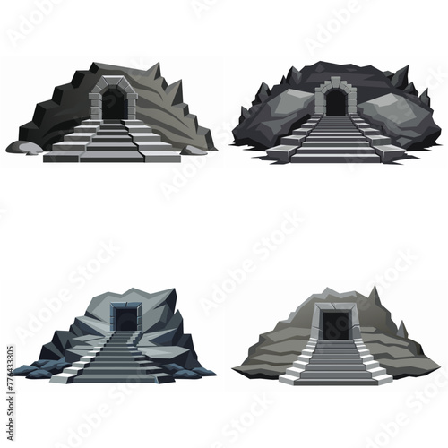 Dungeon entrance stairway set. Cave stone staircase. Gray rock cavern. Ancient dungeon, grotto Mountain tunnel entrance stairs Entry to cave underground Game location symbol. Vector object collection.