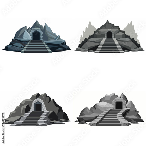 Dungeon entrance stairway set. Cave stone staircase. Gray rock cavern. Ancient dungeon, grotto Mountain tunnel entrance stairs Entry to cave underground Game location symbol. Vector object collection.