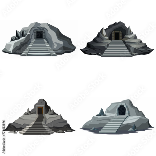 Dungeon entrance stairway set. Cave stone staircase. Gray rock cavern. Ancient dungeon, grotto Mountain tunnel entrance stairs Entry to cave underground Game location symbol. Vector object collection.