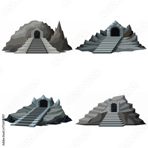 Dungeon entrance stairway set. Cave stone staircase. Gray rock cavern. Ancient dungeon, grotto Mountain tunnel entrance stairs Entry to cave underground Game location symbol. Vector object collection.
