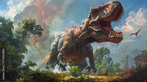 Tyrannosaurus T-Rex Dinosaur in 3D Render with Dinosaurs in Grass © Sukirano