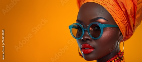 closeup of african woman in orange traditional clothing solid color background