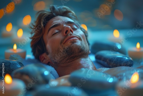 The image depicts a man submerged in a bubble bath surrounded by candles, connoting a peaceful and romantic atmosphere photo