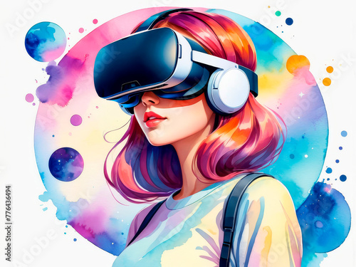 Illustration of a girl wearing VR set, abstract watercolor splashes background