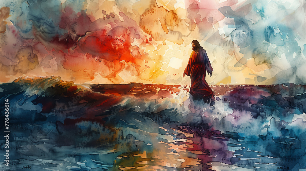 Jesus christ, god walks on water miracle. Watercolor painting, Christ walking on water, jesus walked on water. Watercolor of Jesus walking on water, Ai generated