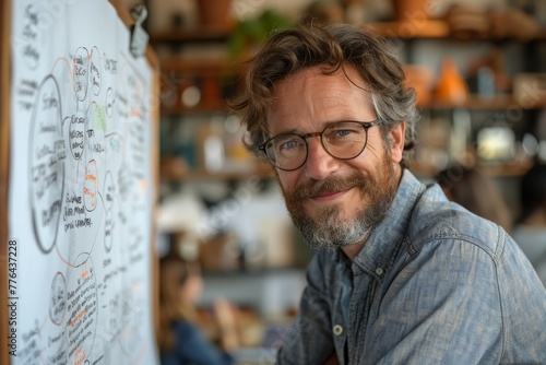 Friendly-looking businessman smiling in front of a whiteboard with creative business concepts and designs