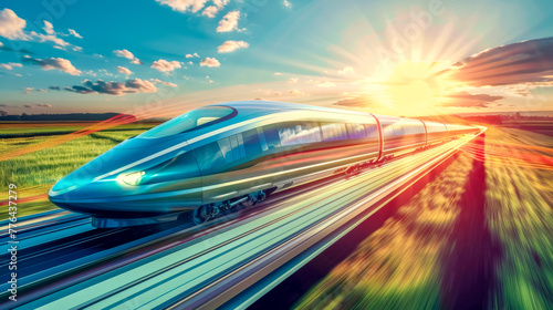 Modern bullet train speeding through countryside with a vibrant sunset backdrop