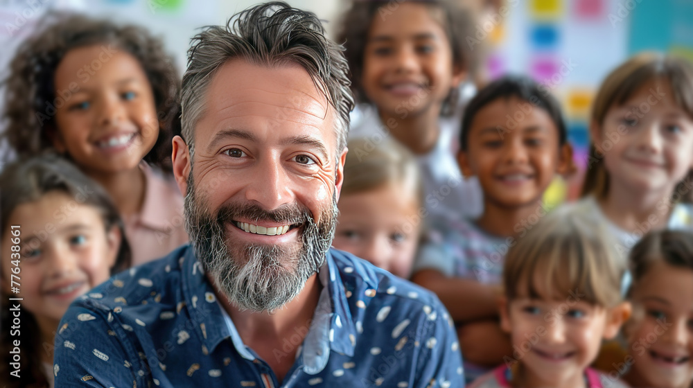 middle aged european man in a classroom with his students or preschoolers looking at the camera and smiling. teacher or educator at your favorite job. modern kindergarten