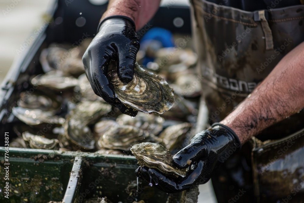 Hands in gloves sorting fresh oysters in a crate.