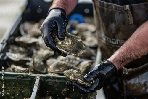 Hands in gloves sorting fresh oysters in a crate.
