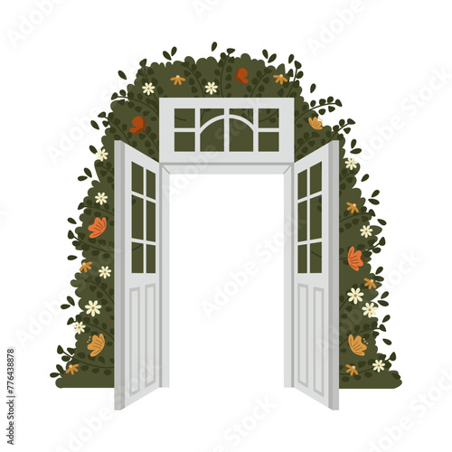 Vintage open doors with greenery and flowers. Background for invitation, illustration, vector