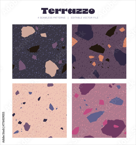 Terrazzo dark purple plum coloured seamless pattern background 4 pack