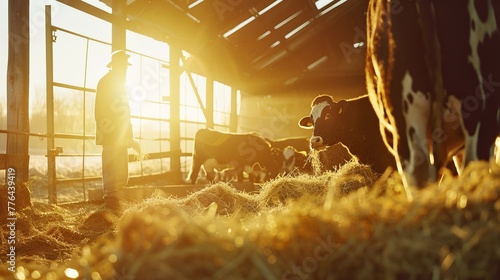 Farmer feeding hay to dairy cows in barn