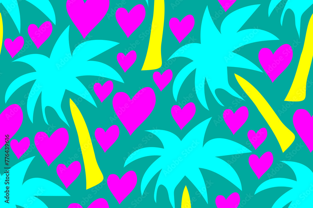 Bright colors of colorful summertime beach palms and love hearts. Neon light. Vacation, holidays, funny party style.  Seamless vector pattern for design and decoration. 