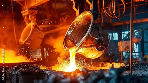 Liquid steel is poured from a metallurgical ladle, ai generated