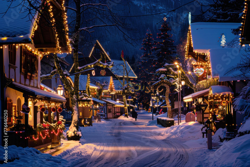 A snowy winter village at dusk with festive Christmas lights and decorations, inviting a warm, magical holiday atmosphere. © Derrick