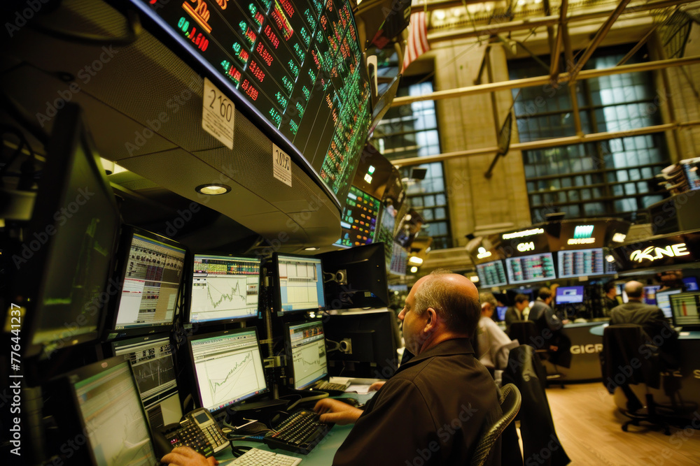 Busy Stock Exchange Floor with Traders and Monitors