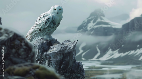 Snowy owls perched on rocky outcrops photo
