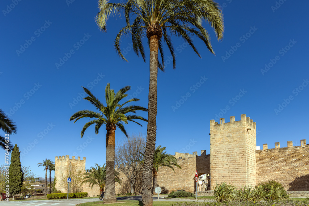 The 14th-century medieval walls of the old town of Alcudia, Mallorca, Spain, Balearic Islands