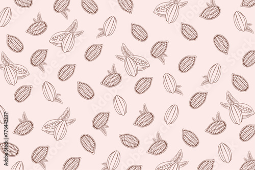 Cacao hand draw pattern on beige background. Outline fruit with leaves. Vector illustration. Cafe, coffee