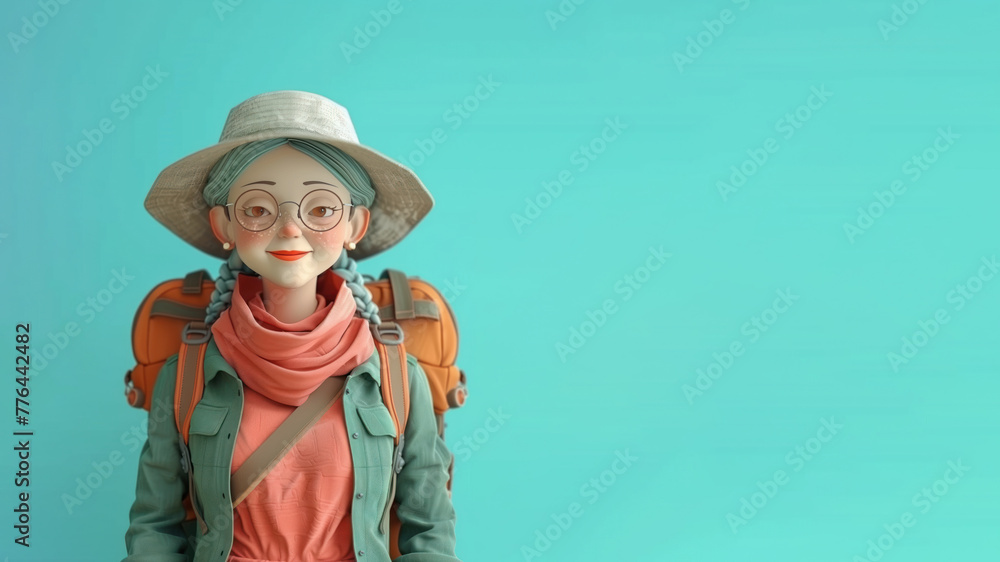Cartoon senior female tourist explorer with backpack, hiking traveller Cartoon senior female tourist explorer with backpack, hiking traveller