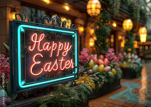 easter greeting card, glowing neon sign "Happy Easter", easter background, glowing neon sign, post card size standart