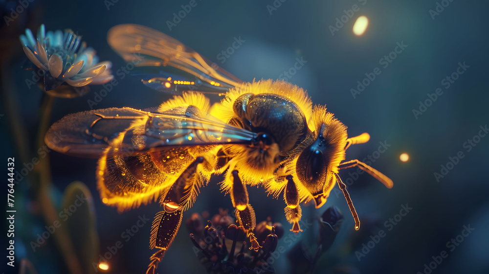 A close-up of a bee with translucent wings, pollinating a flower that glows from within. - obrazy, fototapety, plakaty 
