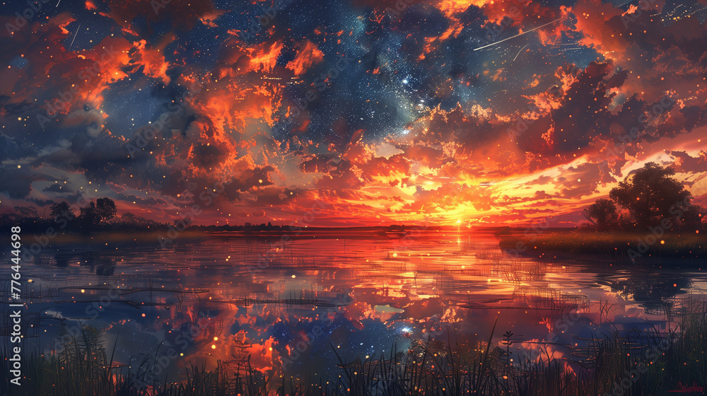 A beautiful sunset over a lake with a sky full of stars