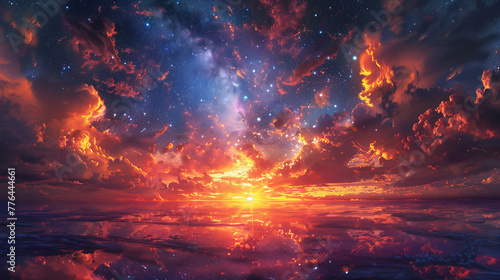A beautiful, colorful sky with a large sun in the middle © ART IS AN EXPLOSION.
