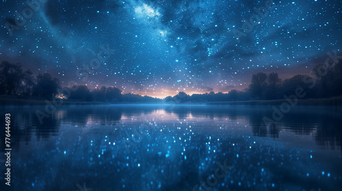 A beautiful night sky with a lake in the foreground