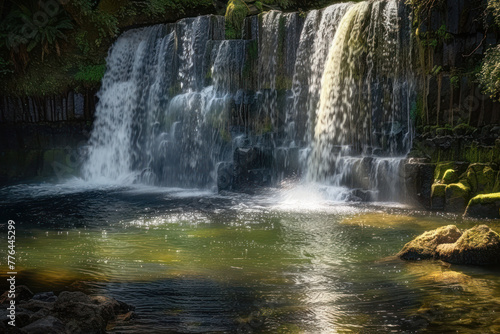 Sunlight bathes a serene waterfall cascading into a tranquil pond  framed by lush foliage.
