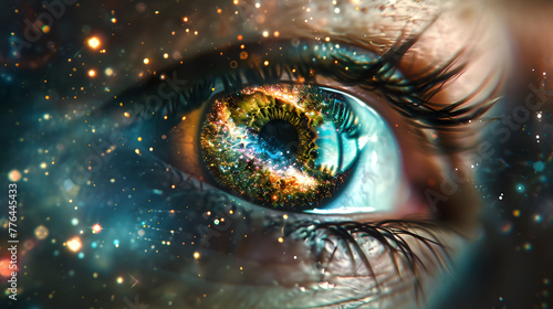A close-up of an eye that reflects an entire galaxy, a window to the universe.