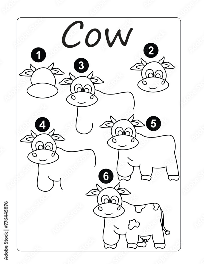 Obraz premium Drawing tutorial a cute cow. Drawing lesson for children.
