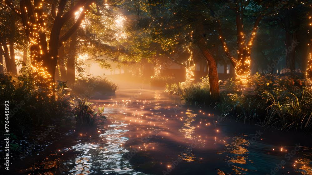 A crystal-clear stream flowing through a forest of glowing trees.